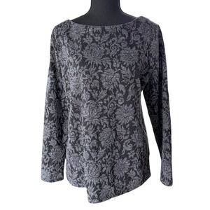 Talbots Grey Black Floral Damask Button Back Knit Top Size L Office Professional